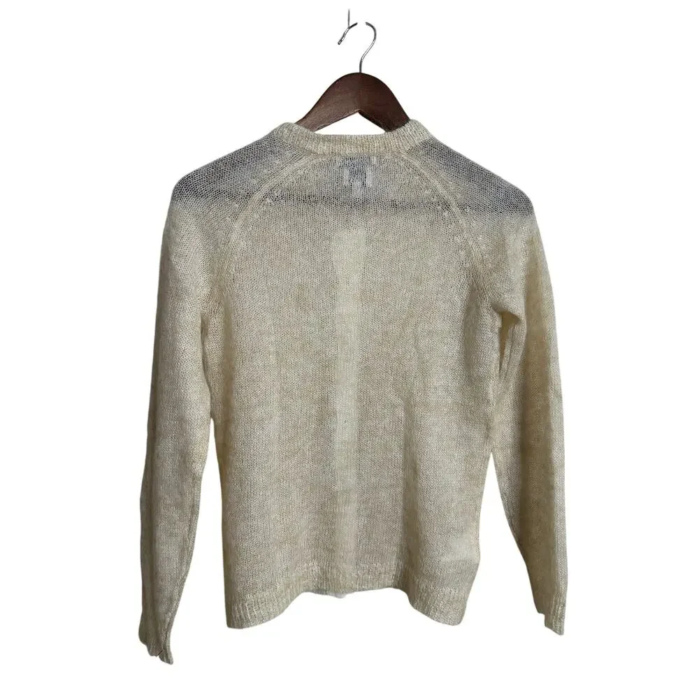 L.L.Bean Mohair Cardigan Sweater Fuzzy Sheer Halo Knit Ivory Womans XS